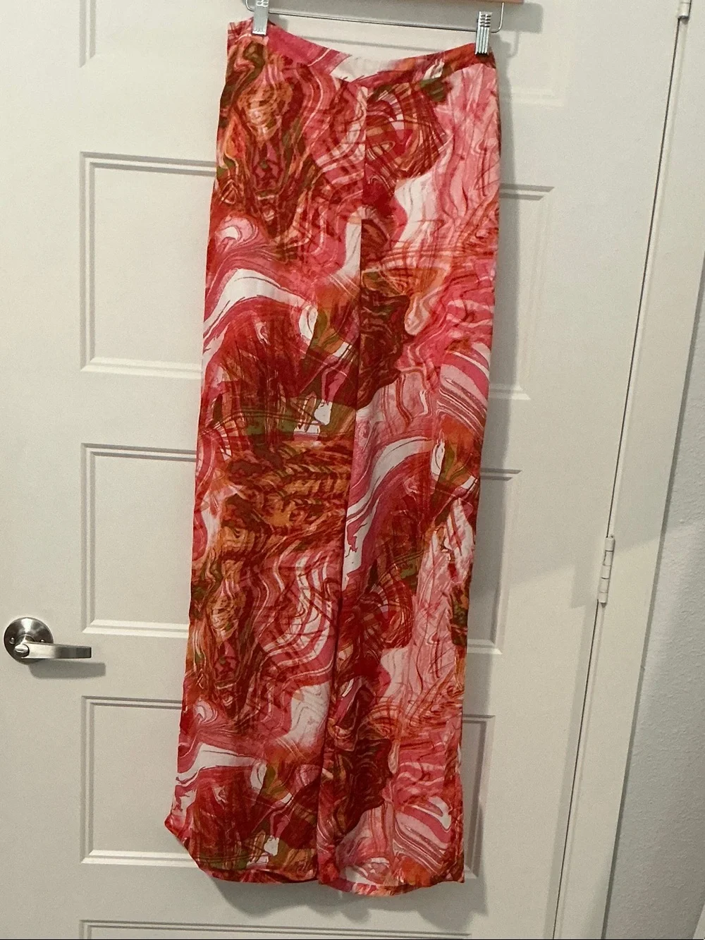 Wide Leg Maxi Pants in Red-Pink Swirl Print